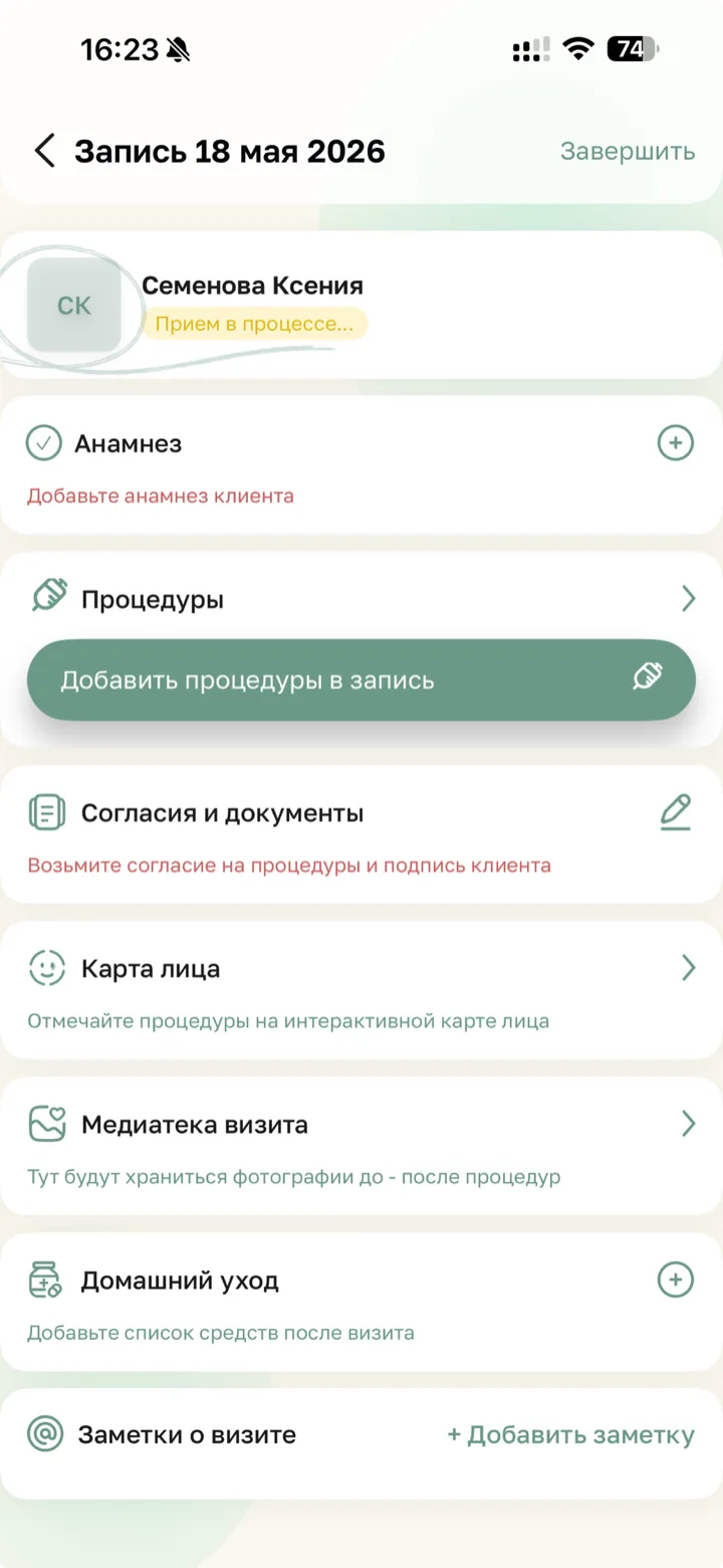 Экран визита в Линеа: анамнез, процедуры, карта лица, медиатека, домашний уход